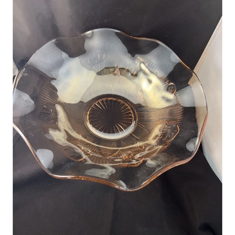 Vintage Amber Depression Glass Iris and Herringbone Ruffled 11.5 Inch Bowl